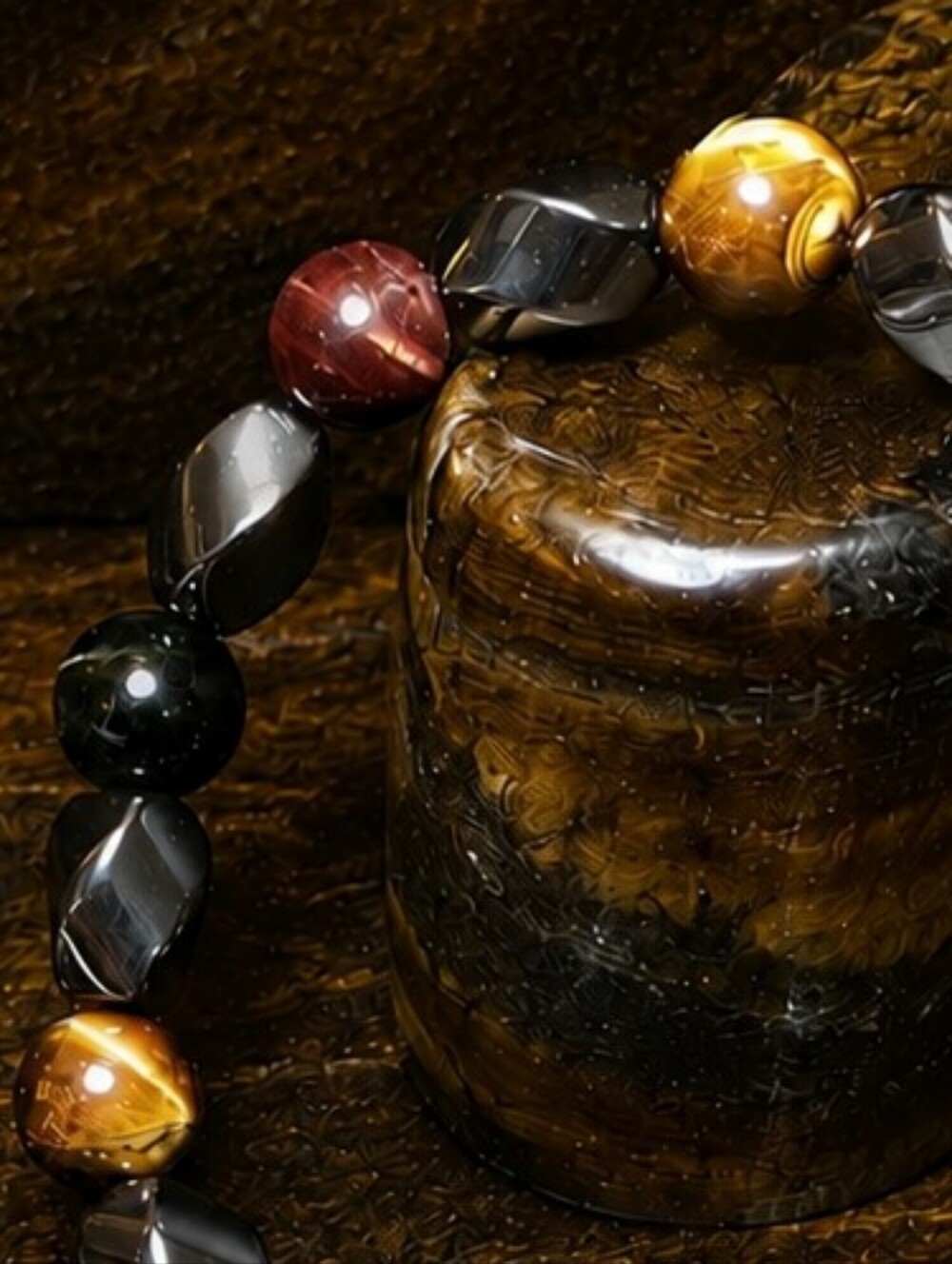 Rainbow Tiger Eye and Hematite Stretch Bracelet - Multicolor - Picture 6 of 8